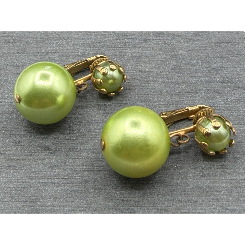 Green Faux Pearl Double Drop Clip On Earrings Gold Tone Dangle Costume Jewelry